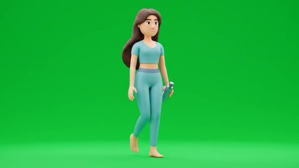 Animated Woman Walking Barefoot with Water Bottle on Green Screen Background - Powered by Adobe