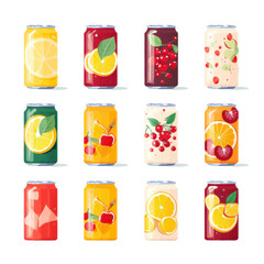 Soda drinks in glass bottles and aluminum cans metal ti up isolated on transparent background.