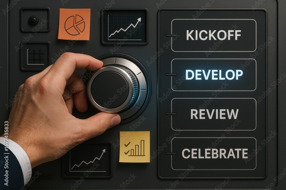 Aufkleber turning the dial on a dashboard console symbolizes advancing through key business phases from kickof