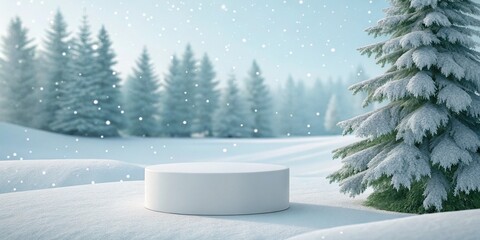 Empty white podium in a snowy forest with falling snowflakes and pine trees