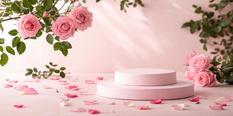 Soft pink roses and scattered petals on a pastel background with a display podium