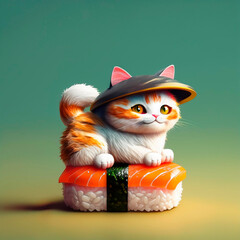 Creative health diet concept illustration of pet domestic cat with sushi rolls with fish salmon, traditional Japan food, art drawing doodle.