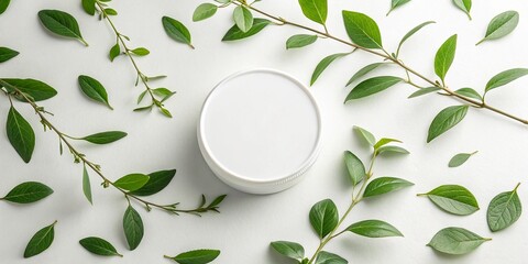 White cosmetic cream jar surrounded by fresh green leaves and branches on a white background