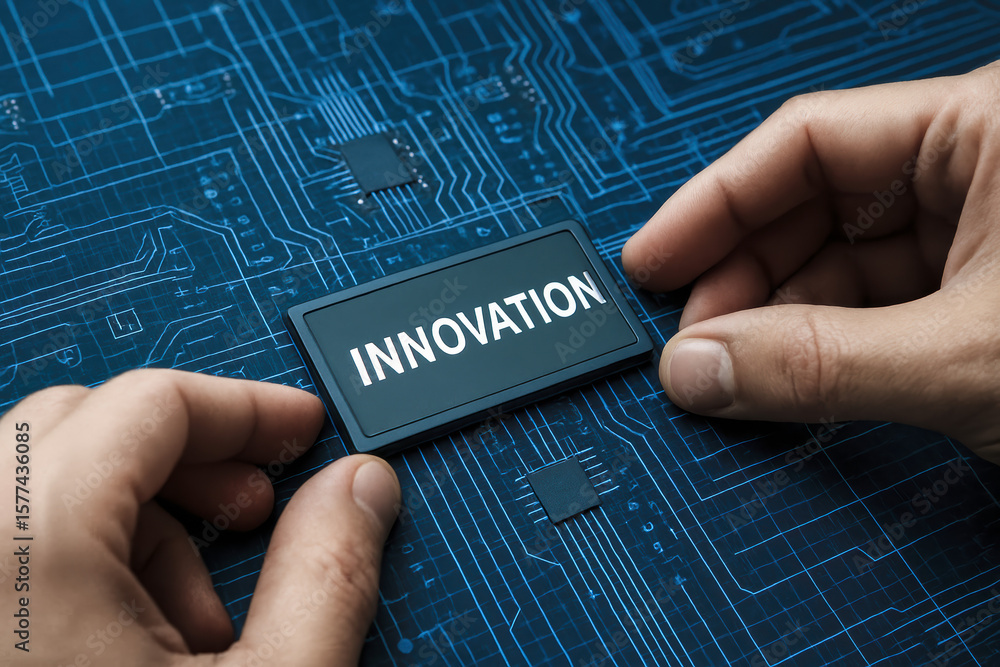 Poster a close-up hands placing a digital component labeled innovation on a complex blue circuit board symb