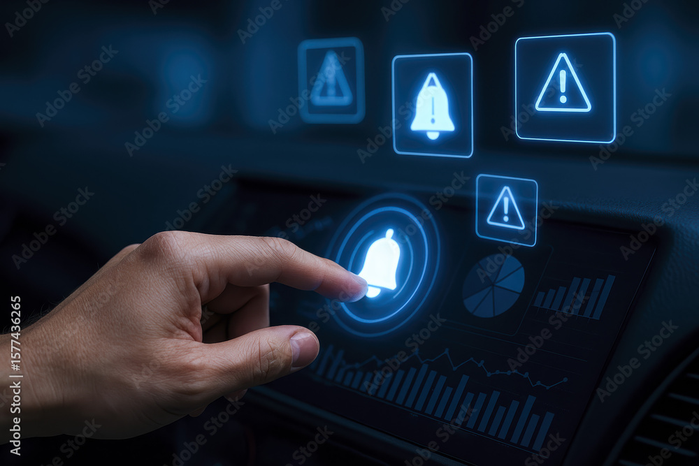 Poster a interacts with a digital dashboard to trigger alert notifications highlighting real-time data moni