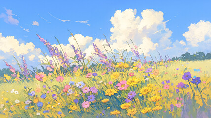 広大な草原に咲き誇る花と爽やかな青空・雲の形・風の流れ・自然の美しさ・カラフルな花・心が解き放たれる風景・田舎の午後・リラックス