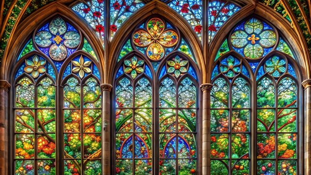 Intricate gothic stained glass window depicting a vibrant forest scene