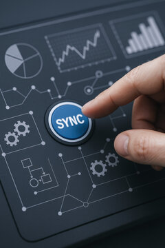 A initiates synchronization on a digital interface surrounded by data graphs and process icons representing connected systems and workflow integration