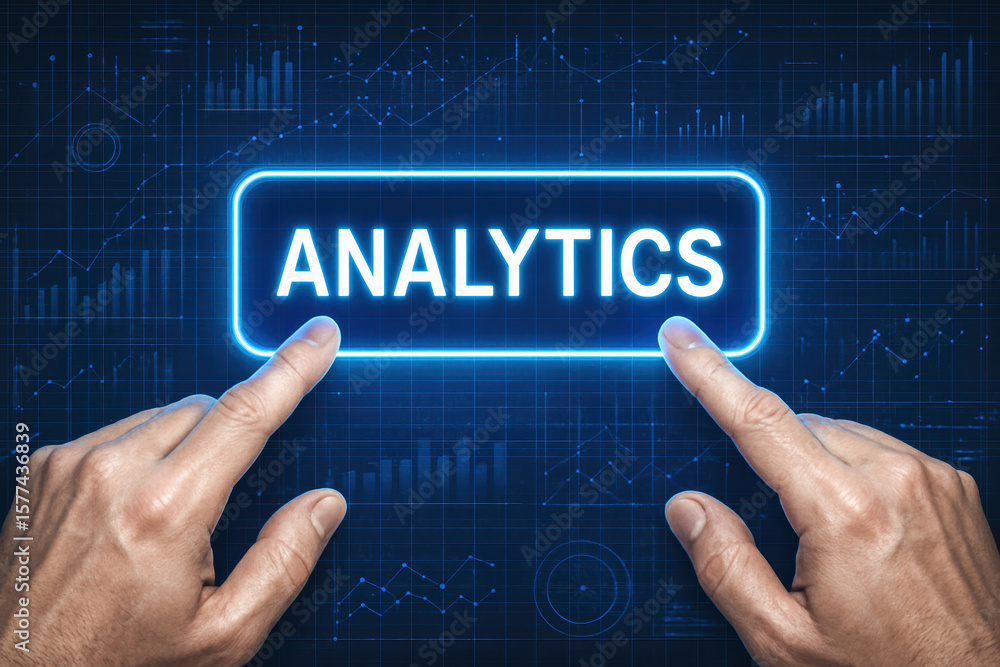 Poster two hands interact with a glowing digital interface illustrating analytics for data-driven business 