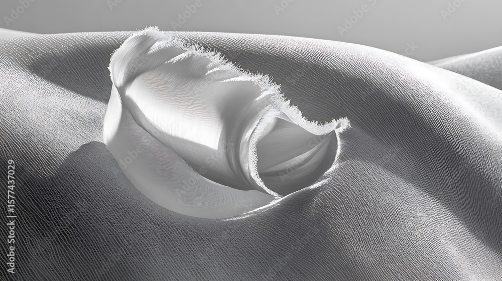 Poster monochrome textile waves with a central soft white form resembling an unfolding fabric