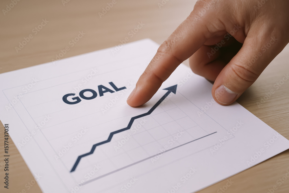 Poster a focused gesture highlights progress toward an objective on a printed chart symbolizing growth and 