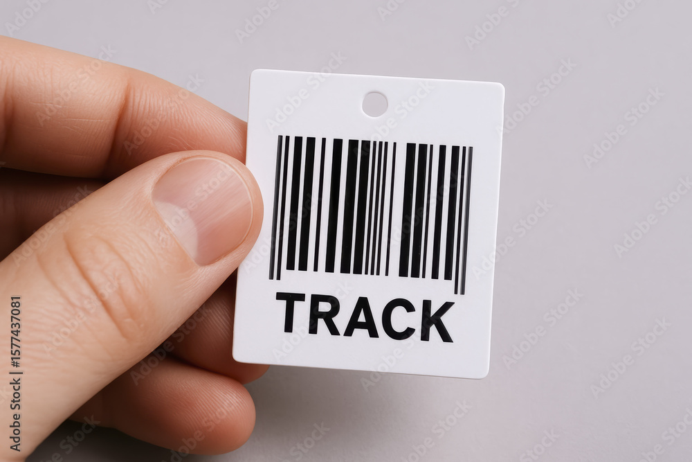 Poster a close-up a holding a barcode tag labeled for tracking symbolizing inventory control and monitoring