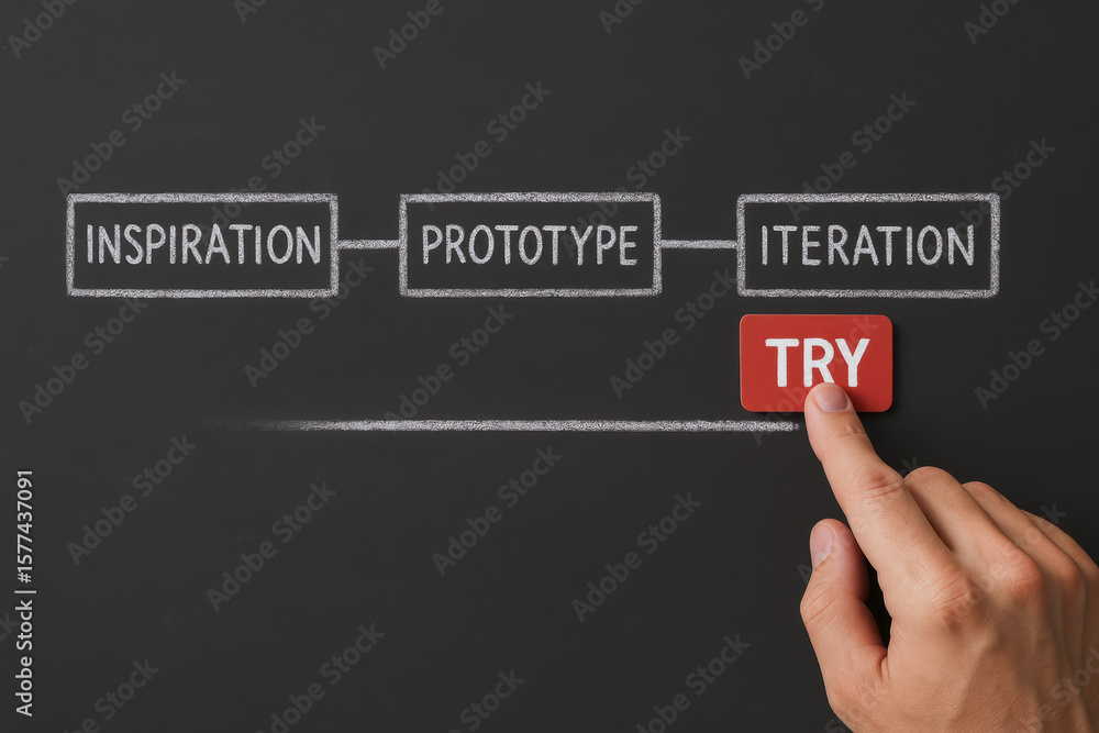 Poster a initiates progress on a chalkboard by pressing a button symbolizing the drive to develop ideas thr