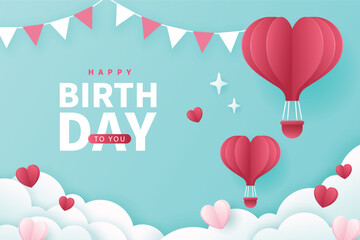 Happy birthday banner with hot air balloons. 