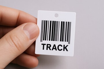 A close-up a holding a barcode tag labeled for tracking symbolizing inventory control and monitoring processes in business operations