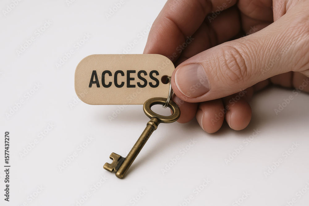 Poster control and authorization are symbolized by a holding a vintage key tag labeled for access emphasizi