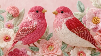 paper bird with pastel flowers, handmade floral art composition, delicate pink flower craft bird Two pink birds surrounded by flowers.