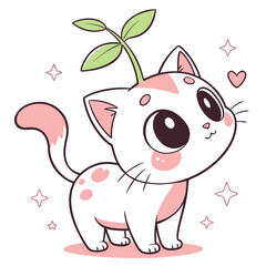 Kawaii Style Cat with Sprout Vector Character for Kids and Fantasy Products
