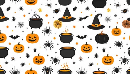 A repeating pattern featuring Halloween pumpkins, spiders, cauldrons, and witch hats.