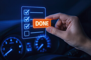 A digital confirmation highlights the completion critical tasks on a futuristic dashboard symbolizing progress and achievement in a business context