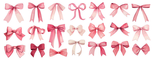Watercolor pink ribbon bows set. Valentine day, baby shower, birthday, wedding decoration vector design