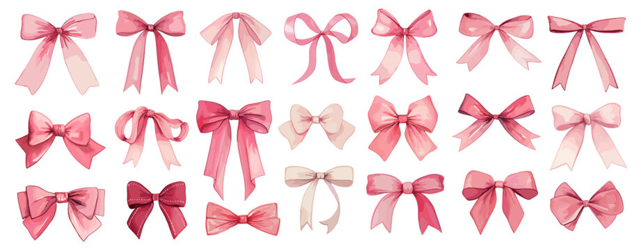 Watercolor pink ribbon bows set. Valentine day, baby shower, birthday, wedding decoration vector design