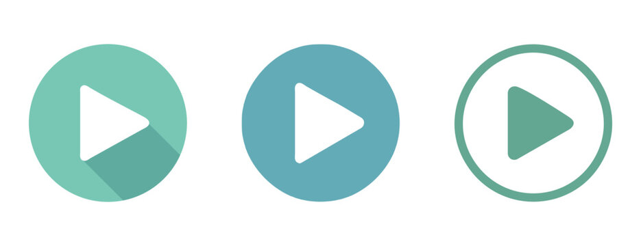 Play Button Icons in Varied Shades: Featuring three play button icons, each rendered in a distinct shade of green and blue, symbolizing media accessibility, digital media engagement.