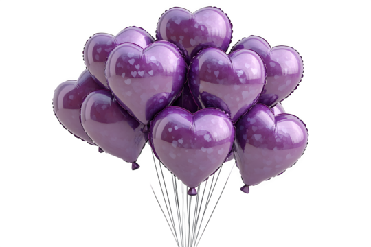 Air balloons, bunch of purple heart-shaped foil balloons, isolated on white background