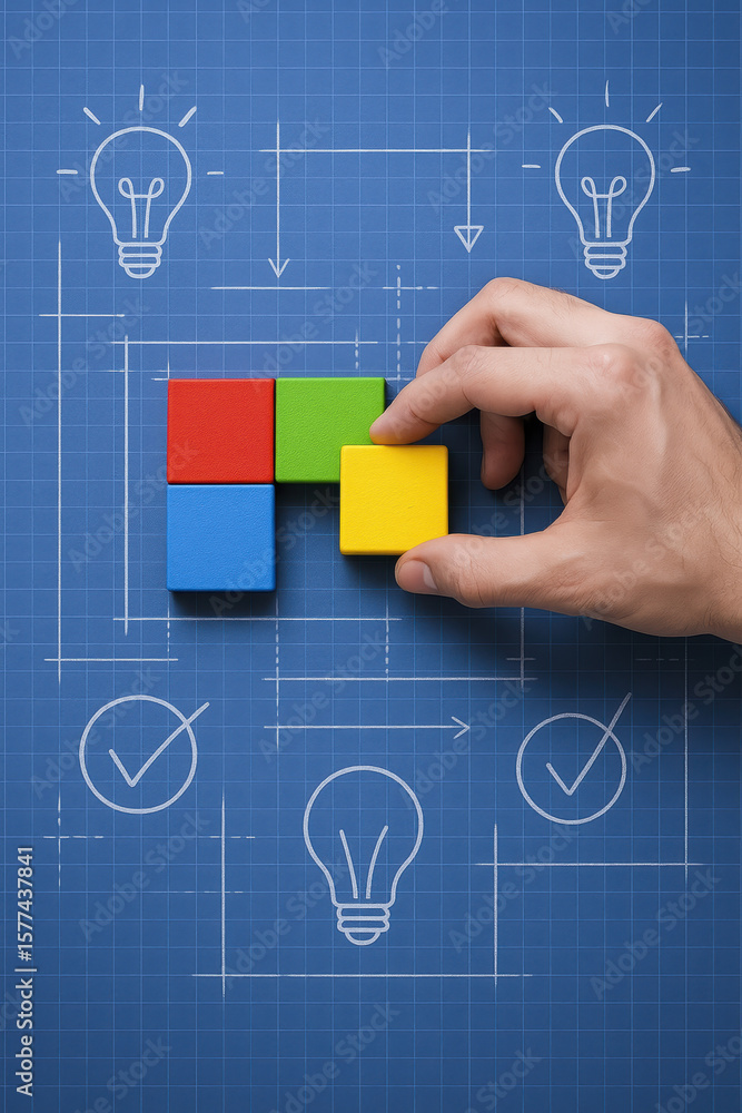 Poster strategic planning and innovation are illustrated as a arranges colorful blocks on a blueprint marke