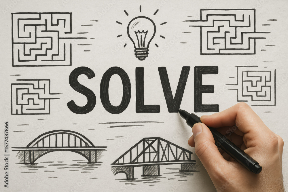 Poster a writes the word solve boldly amid sketched mazes and bridges symbolizing problem solving and innov
