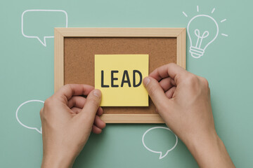 A concept guidance and influence is illustrated by hands positioning a note labeled lead on a corkboard surrounded by visual symbols communication and ideas