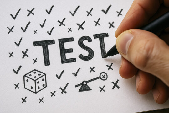The illustrates the concept evaluation through handwritten trial markers with a marking test results that symbolize decision-making and risk assessment in business