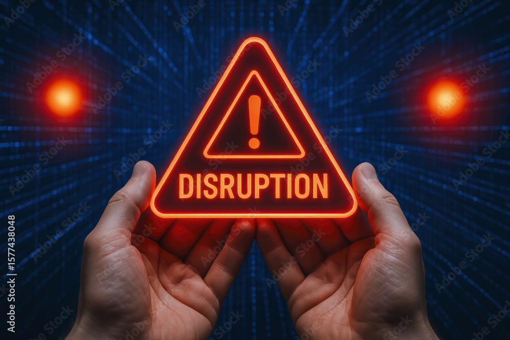 Aufkleber a digital caution symbol held in hands highlights a business risk and operational disruption in a hi