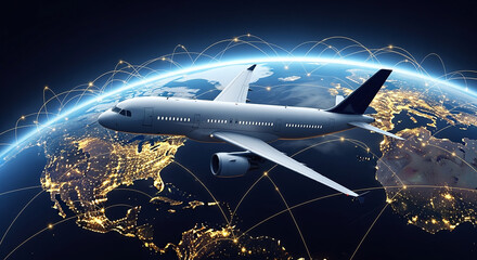 Obraz premium Photorealistic image of a passenger airplane flying over Earth at night, with a glowing network of flight paths connecting cities below. View from space.