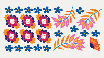 Floral arrangement with pink and orange blossoms and blue flowers on a light background surface design