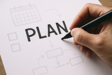 A detailed outline illustrates strategic thinking with connected steps emphasizing organization and goal-setting in a business context