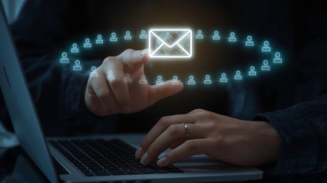 A captivating photo realistic scene depicts a man's hands interacting with an email hologram, highlighting illuminated person icons encircling the globe, conveying expansive digital messaging.