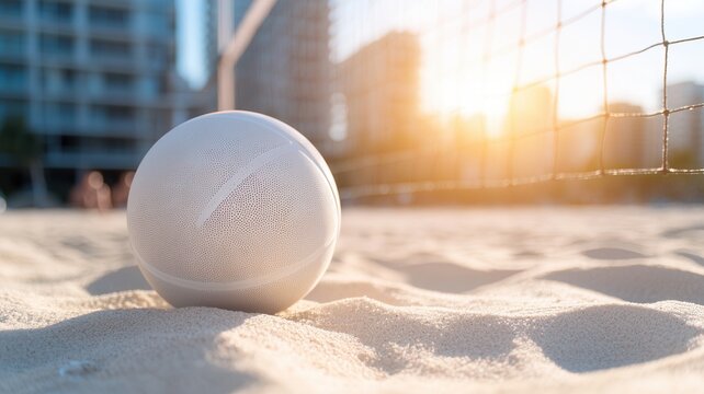 Volleyball resting on sandy beach golden during court sunset, highlighting outdoor athletic summer recreational scene - Powered by Adobe