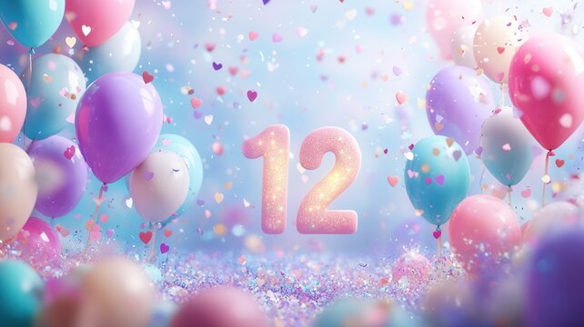 twelve, hued balloons hovering above glittery pink marking cascading heart confetti Soft birthday celebration