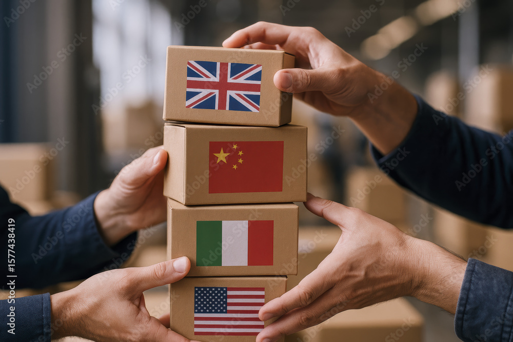 Aufkleber collaboration and coordination drive successful international shipping as multiple hands stack flagg
