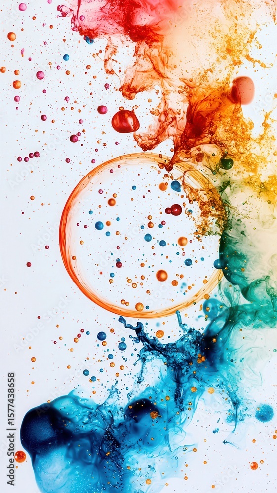 Poster colorful particles and vibrant liquids merging to create with abstract design an filled dynamic bubb