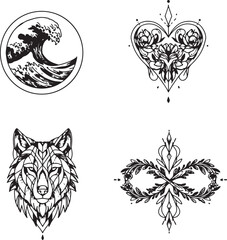 Obraz premium Intricate black and white designs featuring a wave heart wolf and infinity element