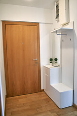 Modern minimalist entryway with wooden door and white storage unit