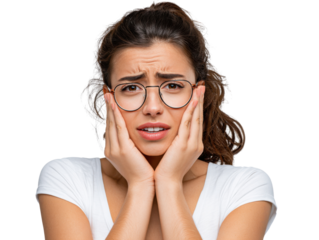 The Weight of Worry: A portrait of a concerned woman, her face etched with worry, as she cups her cheeks, the depth of her stress palpable in this poignant portrayal.