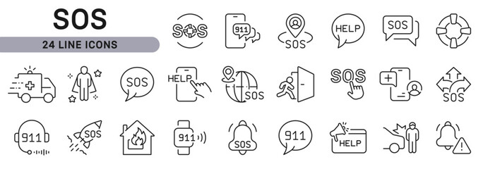 SOS line icons set with Emergency, Bell, Help, Alert, Call, Lifebuoy, Health, Evacuation and more. Editable Stroke