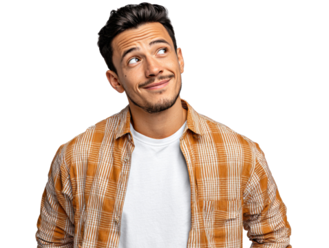 Thoughtful Expression: A young man with a warm smile and thoughtful expression looks upward, seemingly lost in contemplation. Capturing the essence of introspection and positive thinking.