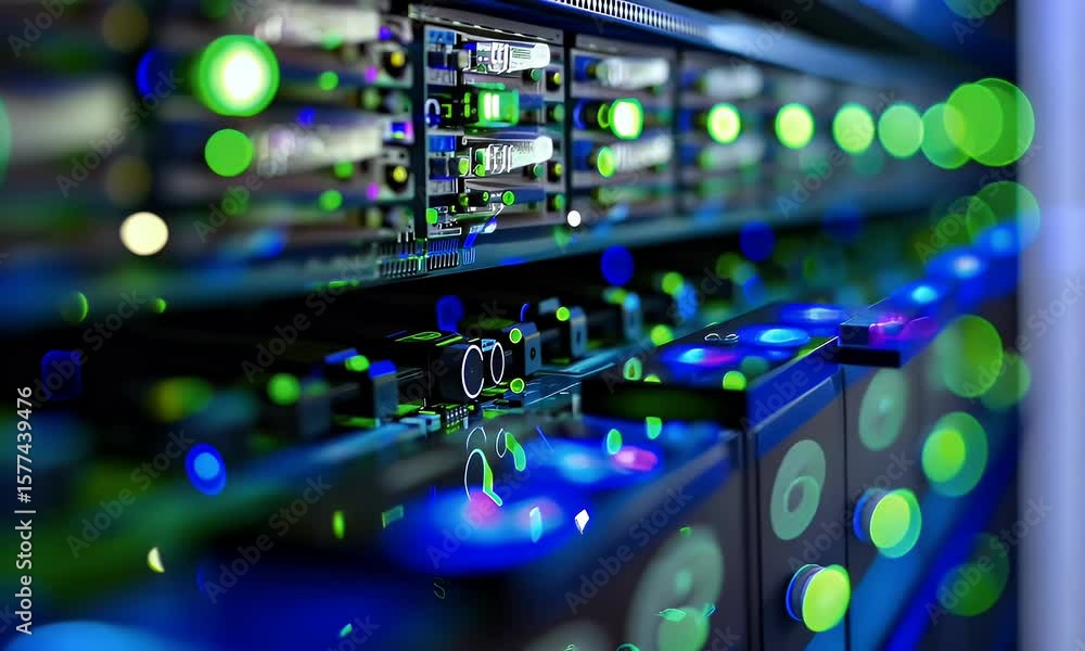 Poster a close-up of an array of advanced data center equipment, with green and blue lights reflecting off 