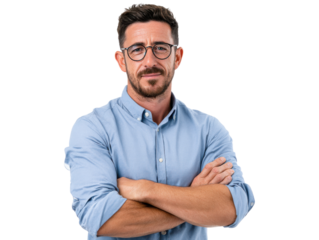 Confident Stance: A contemporary man with glasses adopts a confident, professional pose, radiating a strong presence and sophisticated composure.