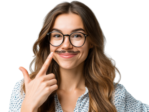 Playful Moustache Portrait: A vibrant portrait of a stylish woman with playful and expressive features, playfully pointing at a humorous moustache, showcasing a blend of confidence, playfulness.