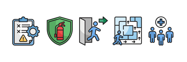 Disaster Management Icon Set Multiple Style Collection, Containing design Risk Management, Fire Extinguisher, Emergency Exit, Evacuation Plan, Emergency Response Team